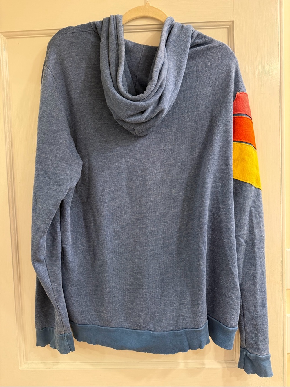 Aviator Nation Heather Blue Zip-Up Hoodie with Red, Orange & Yellow Stripes, XL - Picture 2 of 2